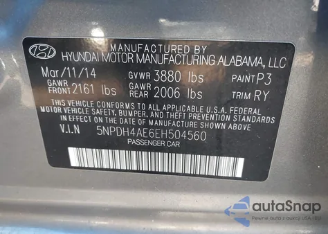 2014 Hyundai Elantra Limited z USA, uszkodzony, nr VIN 5NPDH4AE6EH504560